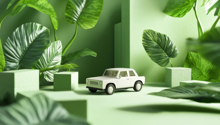 Minimalist photography of white toy car on green background with leaves and geometric shapesの素材