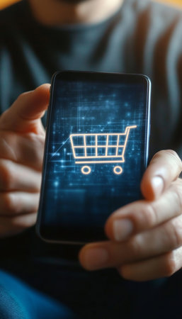 Man engaging in e-commerce with smartphone and virtual shopping cart icon for online purchasesの素材