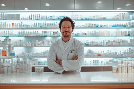 Modern portrait of a male pharmacist standing confidently at a drugstore counterの素材