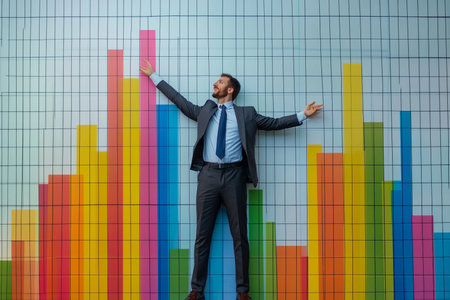 Businessman analyzing growth rising bar graph on a grid background for strategic insightsの素材