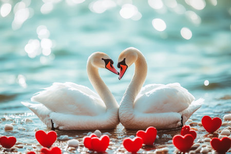Romantic photography of white swans surrounded by red hearts for valentine's day celebrationの素材