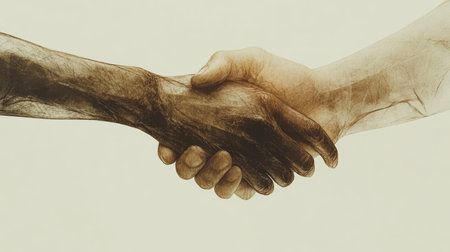A symbolic representation of unity digital hands engaging in a handshake gestureの素材