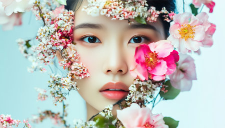 Contemporary art collage featuring portrait of young Asian woman adorned with floral elementsの素材