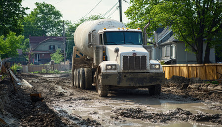 Concrete truck pouring foundation mix through pipe for construction project photography shotの素材