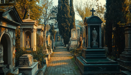 Elegant cemetery featuring ornate marble tombstones and imposing statues in a serene settingの素材