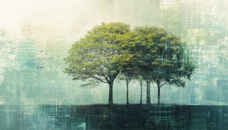 Digital art of trees merging nature with technology, symbolizing innovation and sustainabilityの素材