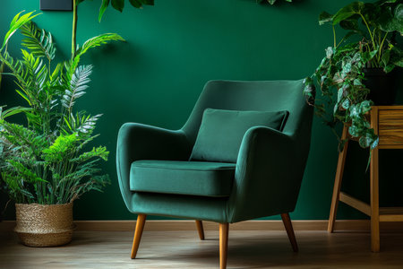 Modern green living room featuring stylish armchair and potted plant for a fresh interior aestheticの素材