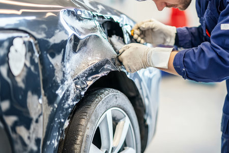 Skilled auto body repair specialist restores dented car fenders to achieve a flawless finishの素材