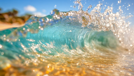 Close up of a vibrant wave with clear turquoise water and sparkling droplets of nature s beautyの素材