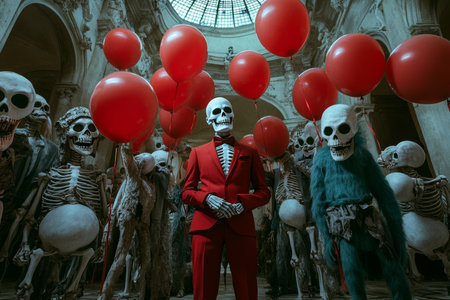 Dapper skeleton man in red suit celebrates birthday with famous monsters and festive balloonsの素材