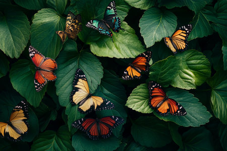 Vibrant butterflies on lush green leaves showcasing nature s beauty and color diversityの素材