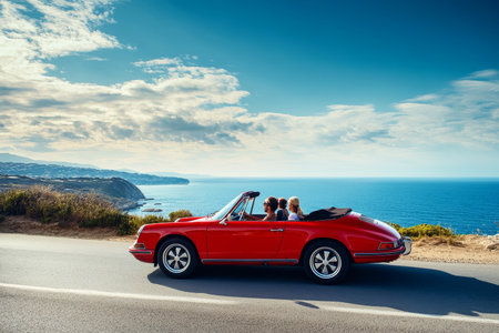 Vibrant red convertible sports car on a scenic coastal road with sunny skies and joyful driversの素材