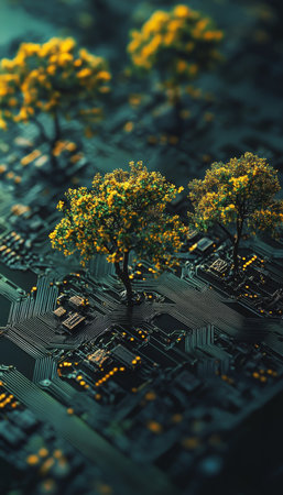 Futuristic scene of digital trees emerging from circuit background, merging nature and technologyの素材