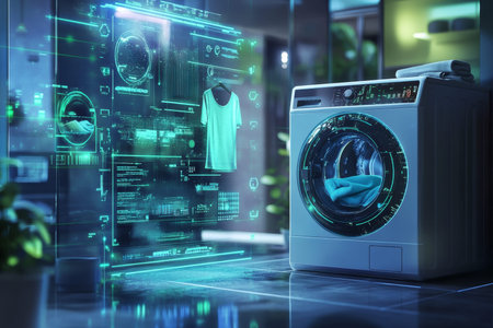 Futuristic laundry room with smart washing machine and eco friendly energy management systemの素材