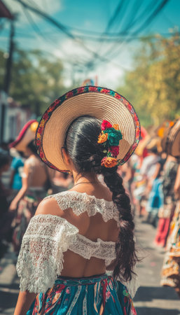 Portrait of elegant Mexican women in sombreros strolling through the vibrant palace festival streetsの素材