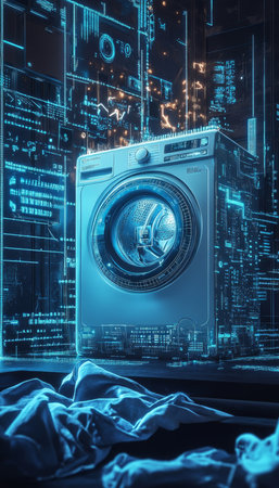 Futuristic washing machine with cyberpunk elements and digital data in high tech home settingの素材