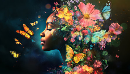 Vibrant illustration of a woman s profile with flowers and butterflies symbolizing beauty and natureの素材