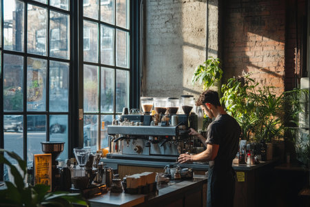 Barista crafting a perfect brew in a stylish urban cafe with expansive windows for text spaceの素材