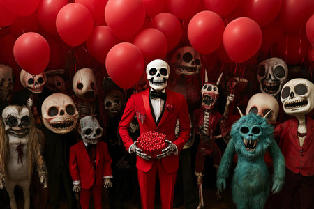 Dapper skeleton in red suit celebrates birthday with famous monsters and festive balloonsの素材