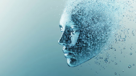 Ethereal 3d glass robot head surrounded by floating water droplets and digital data flowing aroundの素材