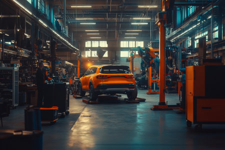 Bright and modern car workshop featuring orange suv and mechanics at work in backgroundの素材