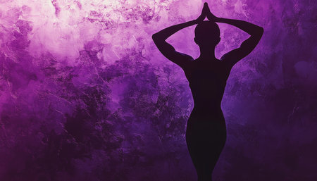 Silhouette of a yogi in pose against a textured purple background for tranquil vibesの素材