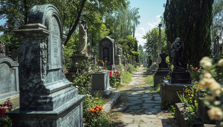 Elegant cemetery featuring ornate marble tombstones and statues in a luxurious settingの素材