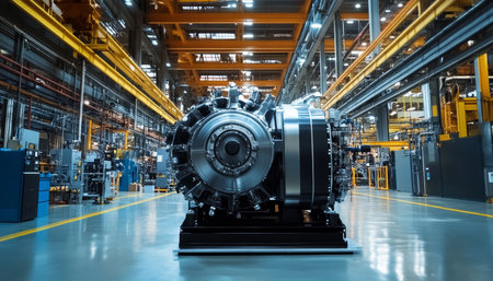 Industrial machinery capturing a large generator in a manufacturing facility showcasing innovationの素材