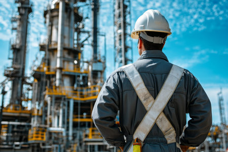 Male worker in safety gear stands before oil production plant against clear blue sky backgroundの素材