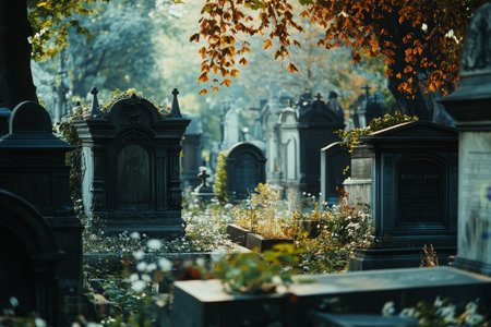 Stunningly beautiful and expensive tombstones highlighted in a peaceful cemetery setting.の素材