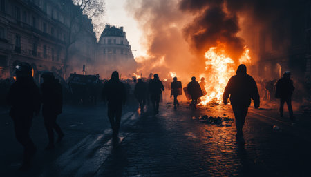 Intense anti government protests crowds confront police amidst tear gas and burning barricadesの素材
