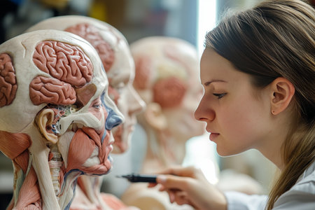 Medical student analyzes anatomical models of human heads to study brain and facial structuresの素材