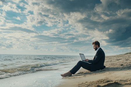 A shoe less businessman working on the beach embracing the concept of no days offの素材