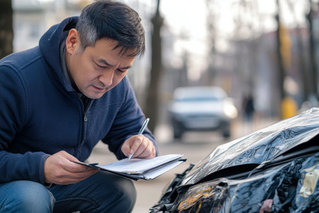 Man completes car insurance claim after accident, discusses coverage and deductible with adjusterの素材