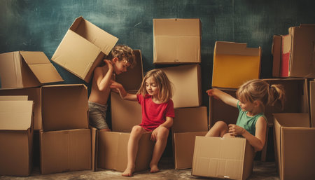Kids engaging in creative learning with old cardboard boxes for school project activitiesの素材