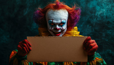 Vintage royal clown with colorful makeup holding blank invitation for a spooky halloween bannerの素材