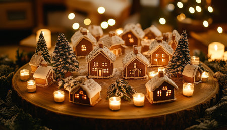 Festive gingerbread village with cozy candlelight and evergreen trees on a rustic wooden platterの素材