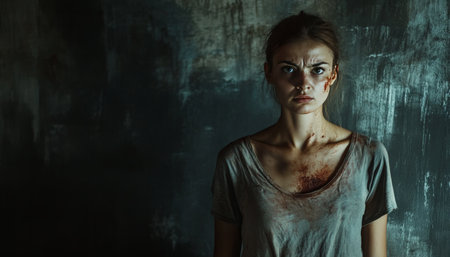 A depicting image of a woman with bruises and abrasions against a dark wall, capturing resilienceの素材