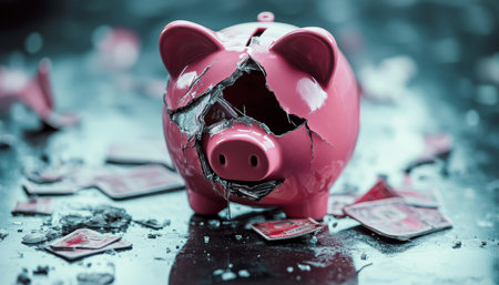 Broken piggy bank symbolizing bankruptcy and loss of savings financial struggles in focusの素材