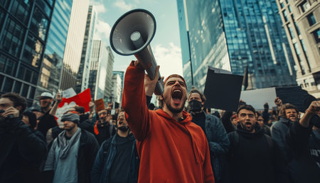 Crowd protests in the city, voices amplified by megaphones in a unified call for changeの素材