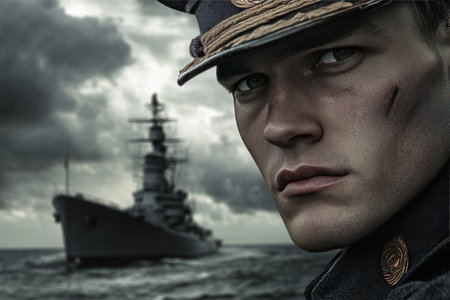 A determined soldier gazes at the horizon awaiting his wife with a warship in the backgroundの素材