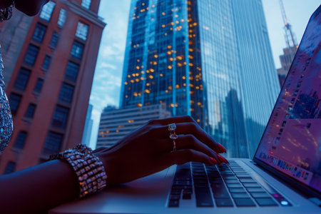 Close up of black woman s hands working on laptop in modern office with skyscraper backgroundの素材
