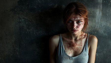 A resilient woman stands against a dark wall, displaying visible bruises and injuriesの素材