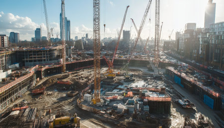 Dynamic construction site featuring numerous tower cranes against a vibrant urban backdropの素材
