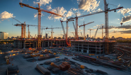 Dynamic construction site featuring numerous tower cranes in action amid urban developmentの素材
