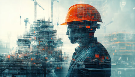 Innovative future building construction concept with engineers and modern civil technology in focusの素材