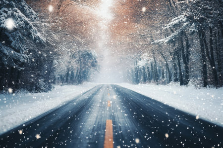 Scenic winter road through snowy forest ideal for travel and holiday promotionsの素材