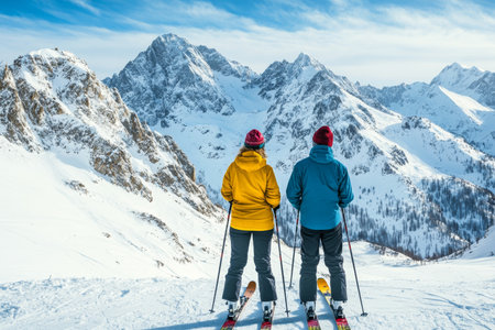 Joyful couple with skis in winter mountain landscape at ski resort in the alps under blue skyの素材