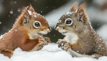Charming winter scene featuring two playful squirrels frolicking in a beautiful snowy landscapeの素材