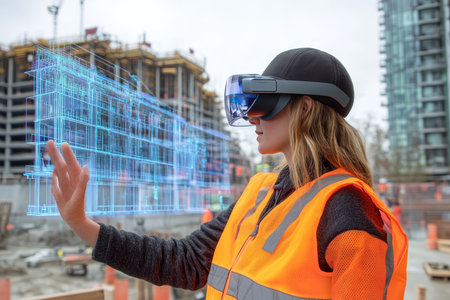 Woman in safety vest displays holographic building model while holding vr glasses outdoorsの素材